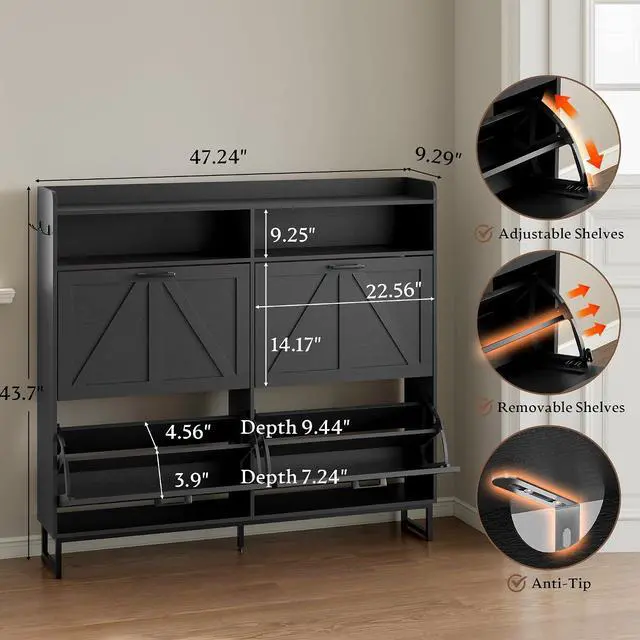 Alt view image 2 of 7 - Shoe Cabinet with 4 Flip Drawers Narrow Shoe Storage Cabinet Organizer Wooden Freestanding Shoe Rack Hidden Slim Shoes Storage Cabinet for Entryway, Hallway, Living Room, Bedroom