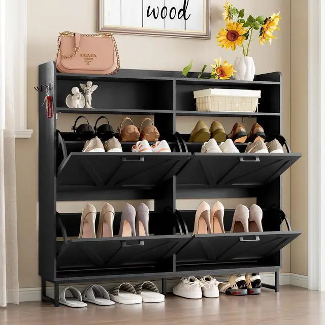 Alt view image 3 of 7 - Shoe Cabinet with 4 Flip Drawers Narrow Shoe Storage Cabinet Organizer Wooden Freestanding Shoe Rack Hidden Slim Shoes Storage Cabinet for Entryway, Hallway, Living Room, Bedroom