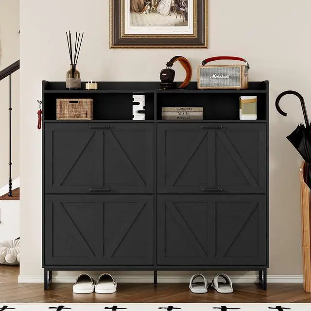 Alt view image 4 of 7 - Shoe Cabinet with 4 Flip Drawers Narrow Shoe Storage Cabinet Organizer Wooden Freestanding Shoe Rack Hidden Slim Shoes Storage Cabinet for Entryway, Hallway, Living Room, Bedroom