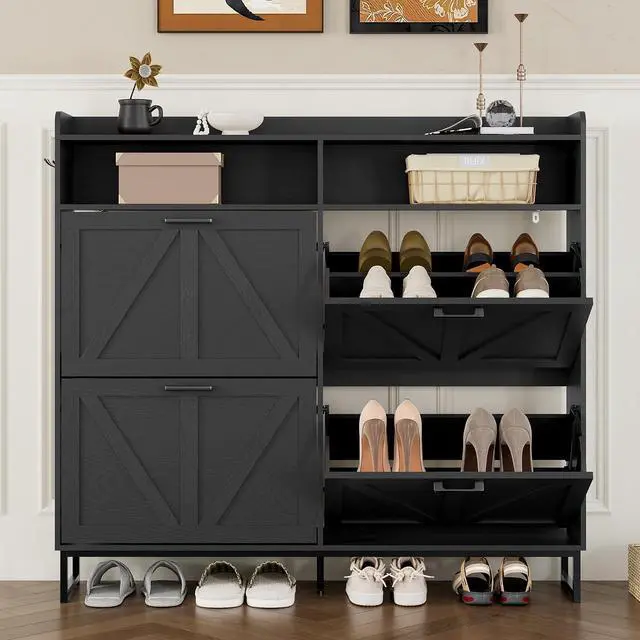Alt view image 5 of 7 - Shoe Cabinet with 4 Flip Drawers Narrow Shoe Storage Cabinet Organizer Wooden Freestanding Shoe Rack Hidden Slim Shoes Storage Cabinet for Entryway, Hallway, Living Room, Bedroom