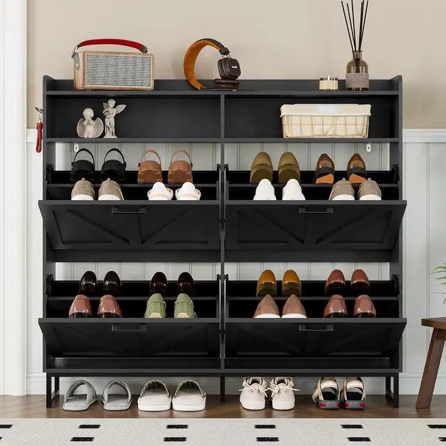 Alt view image 7 of 7 - Shoe Cabinet with 4 Flip Drawers Narrow Shoe Storage Cabinet Organizer Wooden Freestanding Shoe Rack Hidden Slim Shoes Storage Cabinet for Entryway, Hallway, Living Room, Bedroom
