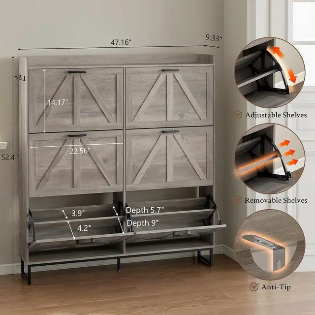 Alt view image 2 of 7 - Shoe Cabinet with 6 Flip Drawers Narrow Shoe Storage Cabinet Organizer Wooden Freestanding Shoe Rack Hidden Slim Shoes Storage Cabinet for Entryway, Hallway, Living Room, Bedroom
