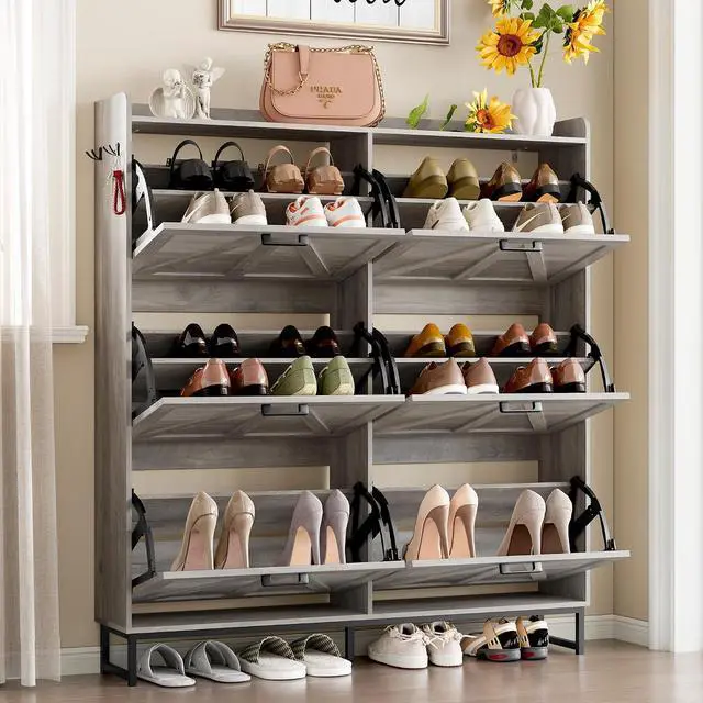 Alt view image 3 of 7 - Shoe Cabinet with 6 Flip Drawers Narrow Shoe Storage Cabinet Organizer Wooden Freestanding Shoe Rack Hidden Slim Shoes Storage Cabinet for Entryway, Hallway, Living Room, Bedroom
