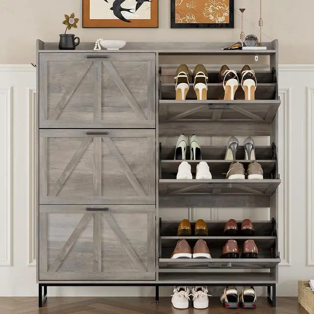 Alt view image 5 of 7 - Shoe Cabinet with 6 Flip Drawers Narrow Shoe Storage Cabinet Organizer Wooden Freestanding Shoe Rack Hidden Slim Shoes Storage Cabinet for Entryway, Hallway, Living Room, Bedroom