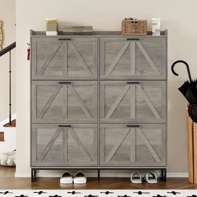 Alt view image 4 of 7 - Shoe Cabinet with 6 Flip Drawers Narrow Shoe Storage Cabinet Organizer Wooden Freestanding Shoe Rack Hidden Slim Shoes Storage Cabinet for Entryway, Hallway, Living Room, Bedroom
