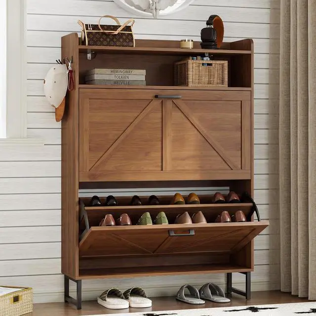 Main image of Shoe Cabinet with 2 Flip Drawers Narrow Shoe Storage Cabinet Organizer Wooden Freestanding Rack Hidden Slim Storage for Entryway, Hallway, Living Room, Bedroom