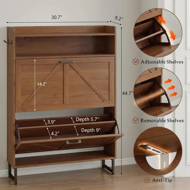 Alt view image 2 of 7 - Shoe Cabinet with 2 Flip Drawers Narrow Shoe Storage Cabinet Organizer Wooden Freestanding Rack Hidden Slim Storage for Entryway, Hallway, Living Room, Bedroom