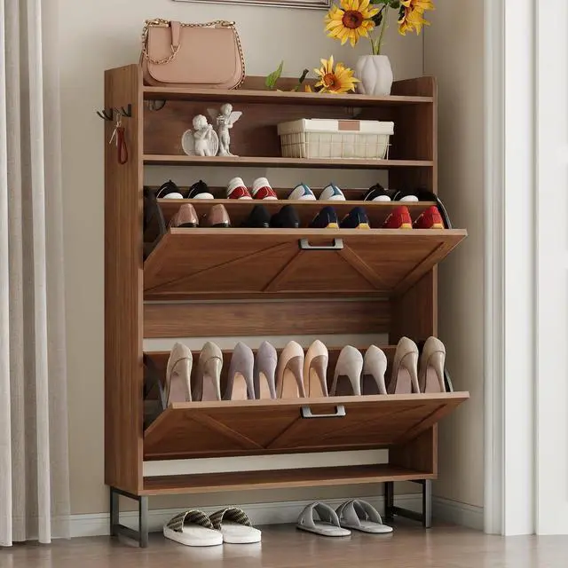 Alt view image 3 of 7 - Shoe Cabinet with 2 Flip Drawers Narrow Shoe Storage Cabinet Organizer Wooden Freestanding Rack Hidden Slim Storage for Entryway, Hallway, Living Room, Bedroom