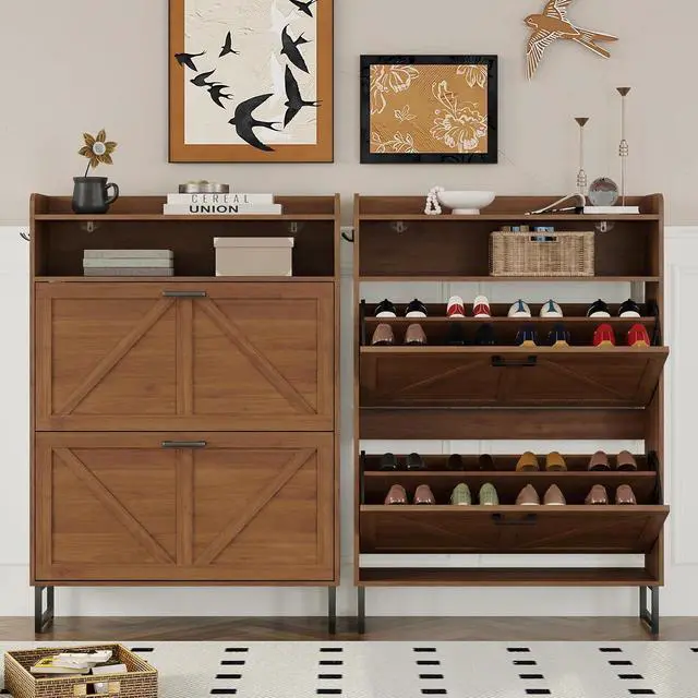 Alt view image 5 of 7 - Shoe Cabinet with 2 Flip Drawers Narrow Shoe Storage Cabinet Organizer Wooden Freestanding Rack Hidden Slim Storage for Entryway, Hallway, Living Room, Bedroom