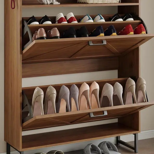 Alt view image 6 of 7 - Shoe Cabinet with 2 Flip Drawers Narrow Shoe Storage Cabinet Organizer Wooden Freestanding Rack Hidden Slim Storage for Entryway, Hallway, Living Room, Bedroom