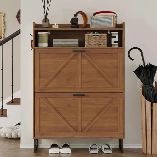 Alt view image 4 of 7 - Shoe Cabinet with 2 Flip Drawers Narrow Shoe Storage Cabinet Organizer Wooden Freestanding Rack Hidden Slim Storage for Entryway, Hallway, Living Room, Bedroom