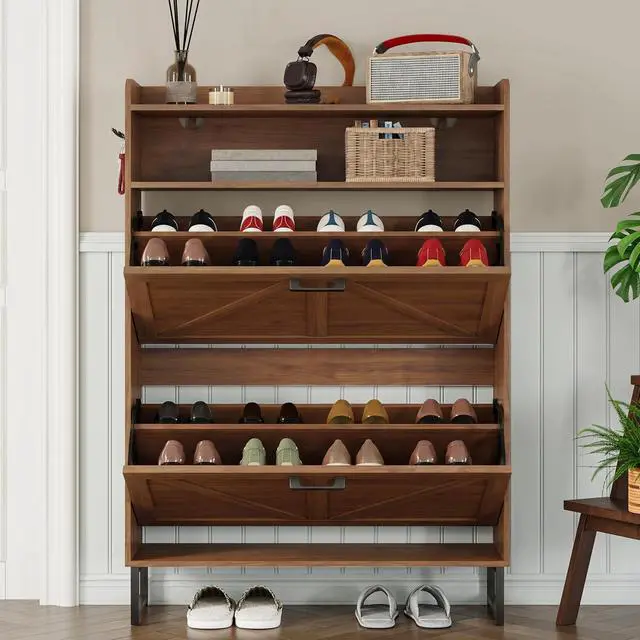Alt view image 7 of 7 - Shoe Cabinet with 2 Flip Drawers Narrow Shoe Storage Cabinet Organizer Wooden Freestanding Rack Hidden Slim Storage for Entryway, Hallway, Living Room, Bedroom