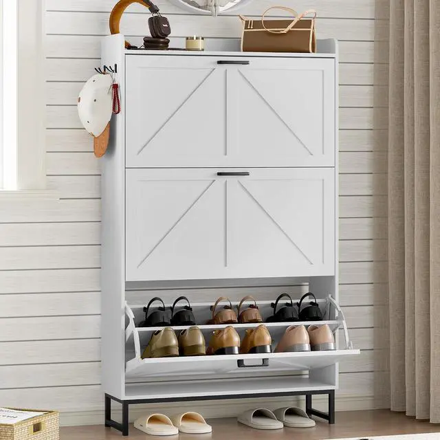 Main image of Shoe Cabinet with 3 Flip Drawers Narrow Shoe Storage Cabinet Organizer Wooden Freestanding Shoe Rack Hidden Slim Shoes Storage Cabinet for Entryway, Hallway, Living Room, Bedroom