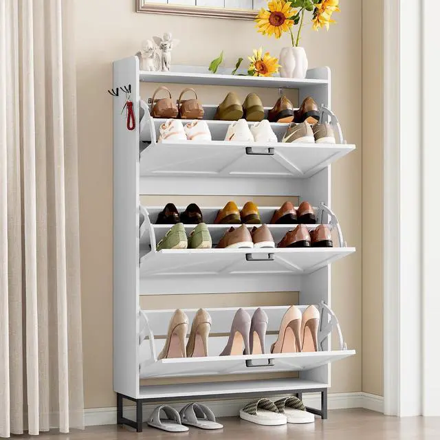 Alt view image 3 of 7 - Shoe Cabinet with 3 Flip Drawers Narrow Shoe Storage Cabinet Organizer Wooden Freestanding Shoe Rack Hidden Slim Shoes Storage Cabinet for Entryway, Hallway, Living Room, Bedroom