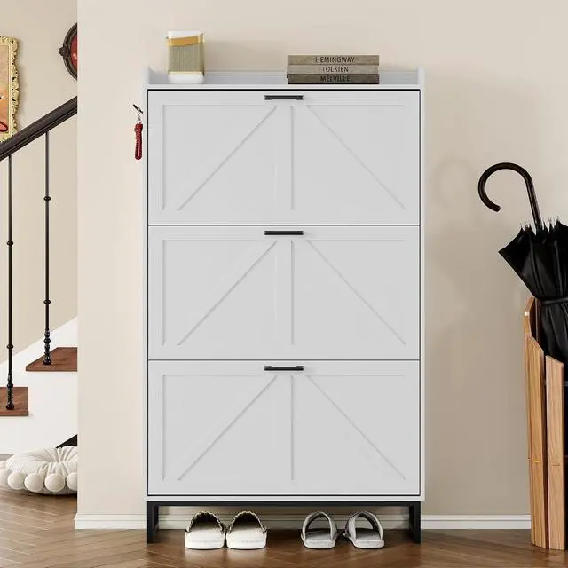 Alt view image 4 of 7 - Shoe Cabinet with 3 Flip Drawers Narrow Shoe Storage Cabinet Organizer Wooden Freestanding Shoe Rack Hidden Slim Shoes Storage Cabinet for Entryway, Hallway, Living Room, Bedroom