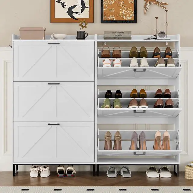 Alt view image 5 of 7 - Shoe Cabinet with 3 Flip Drawers Narrow Shoe Storage Cabinet Organizer Wooden Freestanding Shoe Rack Hidden Slim Shoes Storage Cabinet for Entryway, Hallway, Living Room, Bedroom
