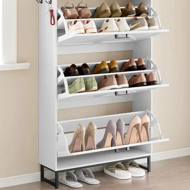 Alt view image 6 of 7 - Shoe Cabinet with 3 Flip Drawers Narrow Shoe Storage Cabinet Organizer Wooden Freestanding Shoe Rack Hidden Slim Shoes Storage Cabinet for Entryway, Hallway, Living Room, Bedroom