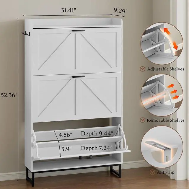 Alt view image 2 of 7 - Shoe Cabinet with 3 Flip Drawers Narrow Shoe Storage Cabinet Organizer Wooden Freestanding Shoe Rack Hidden Slim Shoes Storage Cabinet for Entryway, Hallway, Living Room, Bedroom
