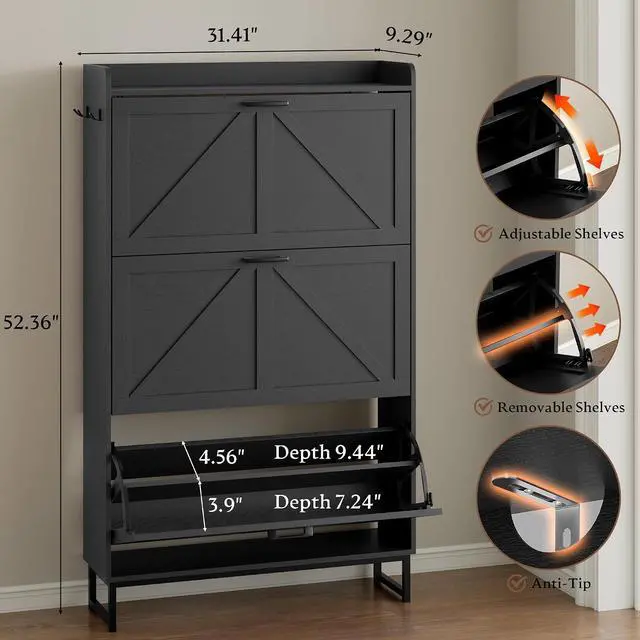 Alt view image 2 of 7 - Shoe Cabinet with 3 Flip Drawers Narrow Shoe Storage Cabinet Organizer Wooden Freestanding Shoe Rack Hidden Slim Shoes Storage Cabinet for Entryway, Hallway, Living Room, Bedroom