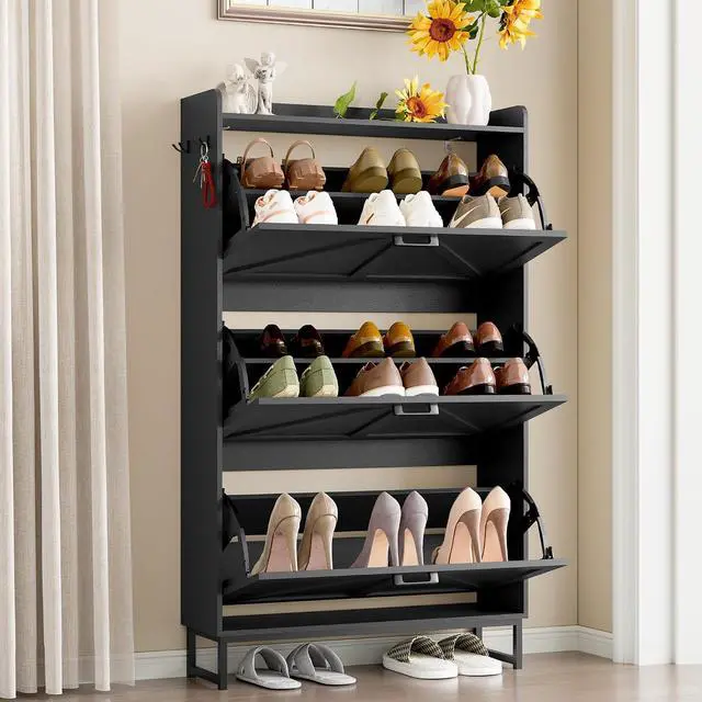 Alt view image 3 of 7 - Shoe Cabinet with 3 Flip Drawers Narrow Shoe Storage Cabinet Organizer Wooden Freestanding Shoe Rack Hidden Slim Shoes Storage Cabinet for Entryway, Hallway, Living Room, Bedroom