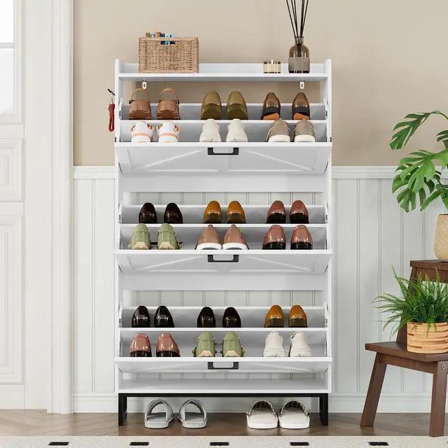 Alt view image 7 of 7 - Shoe Cabinet with 3 Flip Drawers Narrow Shoe Storage Cabinet Organizer Wooden Freestanding Shoe Rack Hidden Slim Shoes Storage Cabinet for Entryway, Hallway, Living Room, Bedroom