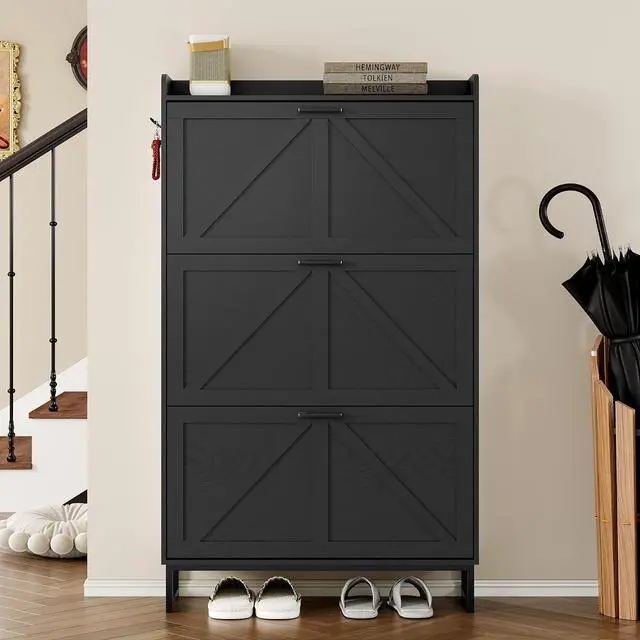 Alt view image 4 of 7 - Shoe Cabinet with 3 Flip Drawers Narrow Shoe Storage Cabinet Organizer Wooden Freestanding Shoe Rack Hidden Slim Shoes Storage Cabinet for Entryway, Hallway, Living Room, Bedroom