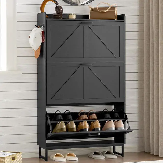 Main image of Shoe Cabinet with 3 Flip Drawers Narrow Shoe Storage Cabinet Organizer Wooden Freestanding Shoe Rack Hidden Slim Shoes Storage Cabinet for Entryway, Hallway, Living Room, Bedroom