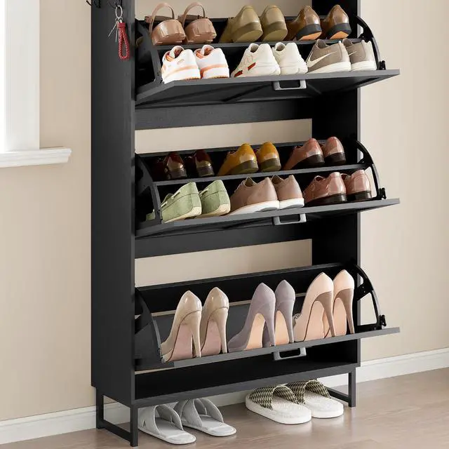 Alt view image 6 of 7 - Shoe Cabinet with 3 Flip Drawers Narrow Shoe Storage Cabinet Organizer Wooden Freestanding Shoe Rack Hidden Slim Shoes Storage Cabinet for Entryway, Hallway, Living Room, Bedroom