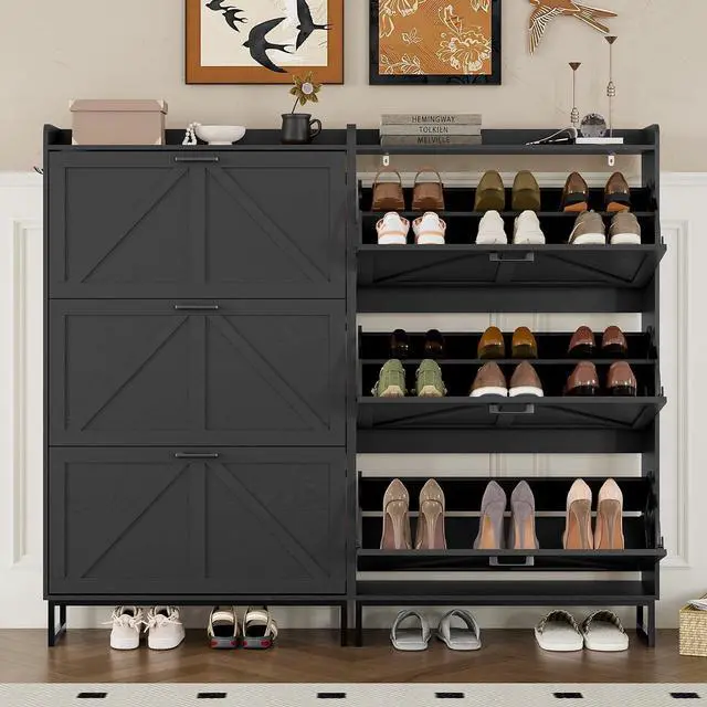Alt view image 5 of 7 - Shoe Cabinet with 3 Flip Drawers Narrow Shoe Storage Cabinet Organizer Wooden Freestanding Shoe Rack Hidden Slim Shoes Storage Cabinet for Entryway, Hallway, Living Room, Bedroom