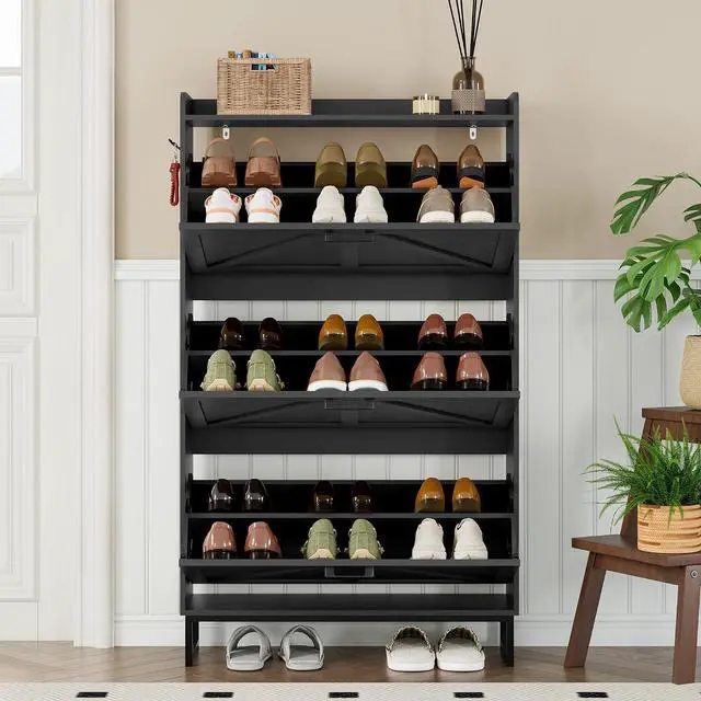 Alt view image 7 of 7 - Shoe Cabinet with 3 Flip Drawers Narrow Shoe Storage Cabinet Organizer Wooden Freestanding Shoe Rack Hidden Slim Shoes Storage Cabinet for Entryway, Hallway, Living Room, Bedroom