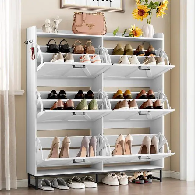 Alt view image 3 of 7 - Shoe Cabinet with 6 Flip Drawers Narrow Shoe Storage Cabinet Organizer Wooden Freestanding Shoe Rack Hidden Slim Shoes Storage Cabinet for Entryway, Hallway, Living Room, Bedroom