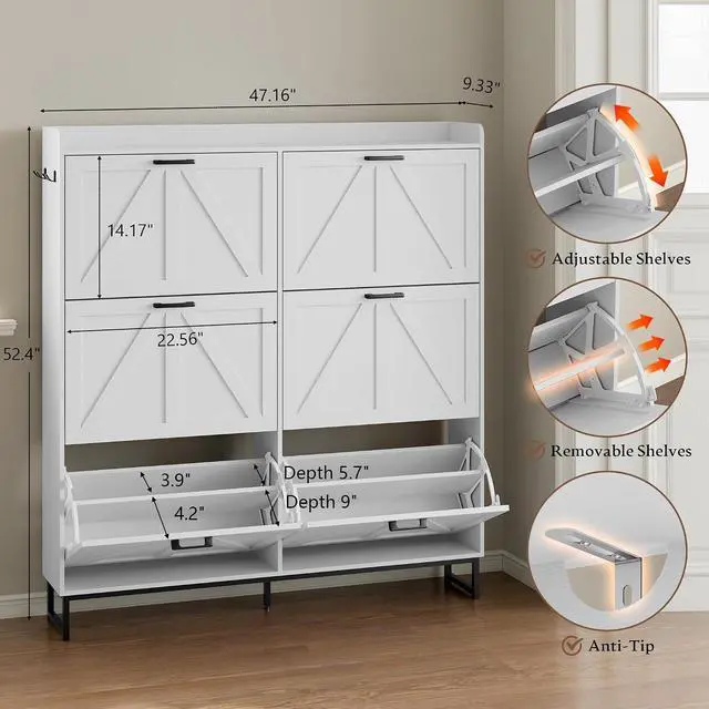 Alt view image 2 of 7 - Shoe Cabinet with 6 Flip Drawers Narrow Shoe Storage Cabinet Organizer Wooden Freestanding Shoe Rack Hidden Slim Shoes Storage Cabinet for Entryway, Hallway, Living Room, Bedroom