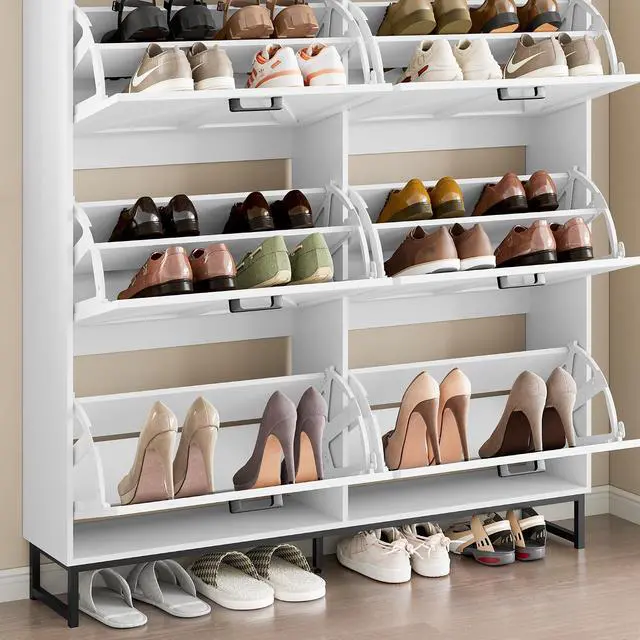 Alt view image 6 of 7 - Shoe Cabinet with 6 Flip Drawers Narrow Shoe Storage Cabinet Organizer Wooden Freestanding Shoe Rack Hidden Slim Shoes Storage Cabinet for Entryway, Hallway, Living Room, Bedroom