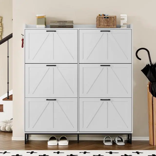 Alt view image 4 of 7 - Shoe Cabinet with 6 Flip Drawers Narrow Shoe Storage Cabinet Organizer Wooden Freestanding Shoe Rack Hidden Slim Shoes Storage Cabinet for Entryway, Hallway, Living Room, Bedroom