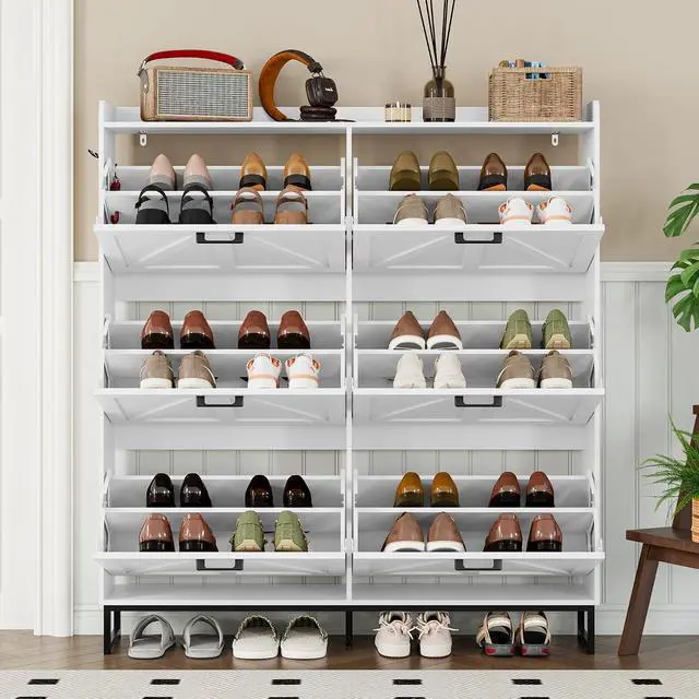 Alt view image 7 of 7 - Shoe Cabinet with 6 Flip Drawers Narrow Shoe Storage Cabinet Organizer Wooden Freestanding Shoe Rack Hidden Slim Shoes Storage Cabinet for Entryway, Hallway, Living Room, Bedroom