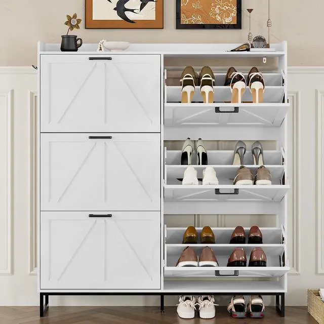 Alt view image 5 of 7 - Shoe Cabinet with 6 Flip Drawers Narrow Shoe Storage Cabinet Organizer Wooden Freestanding Shoe Rack Hidden Slim Shoes Storage Cabinet for Entryway, Hallway, Living Room, Bedroom