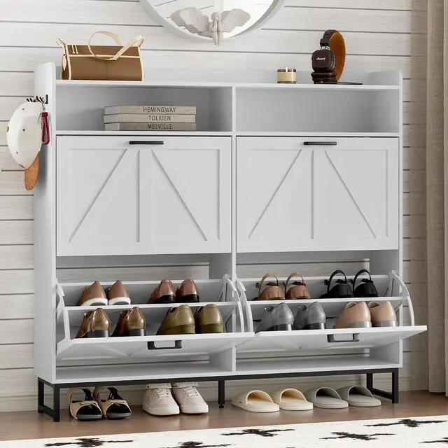 Main image of Shoe Cabinet with 4 Flip Drawers Narrow Shoe Storage Cabinet Organizer Wooden Freestanding Shoe Rack Hidden Slim Shoes Storage Cabinet for Entryway, Hallway, Living Room, Bedroom