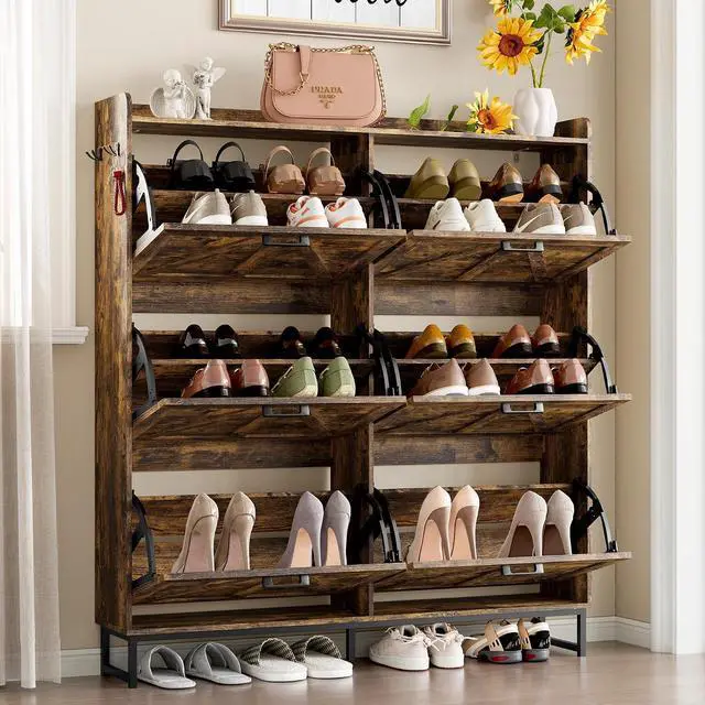 Alt view image 3 of 7 - Shoe Cabinet with 6 Flip Drawers Narrow Shoe Storage Cabinet Organizer Wooden Freestanding Shoe Rack Hidden Slim Shoes Storage Cabinet for Entryway, Hallway, Living Room, Bedroom