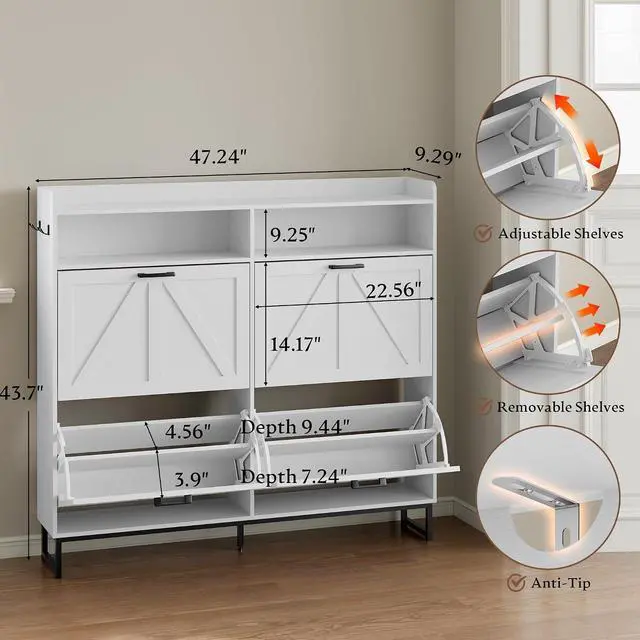 Alt view image 2 of 7 - Shoe Cabinet with 4 Flip Drawers Narrow Shoe Storage Cabinet Organizer Wooden Freestanding Shoe Rack Hidden Slim Shoes Storage Cabinet for Entryway, Hallway, Living Room, Bedroom