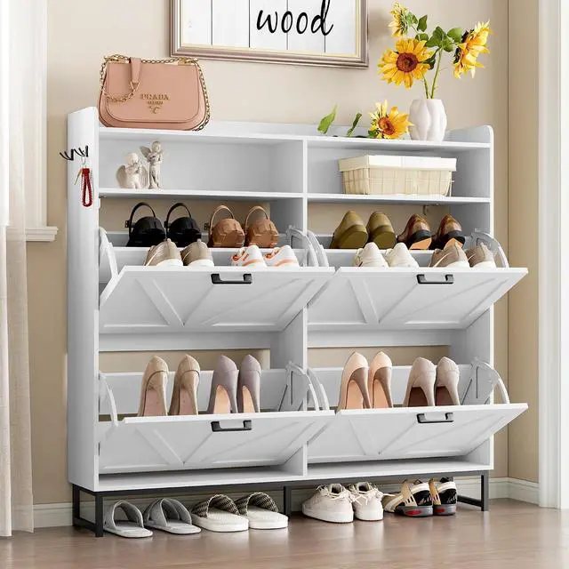 Alt view image 3 of 7 - Shoe Cabinet with 4 Flip Drawers Narrow Shoe Storage Cabinet Organizer Wooden Freestanding Shoe Rack Hidden Slim Shoes Storage Cabinet for Entryway, Hallway, Living Room, Bedroom