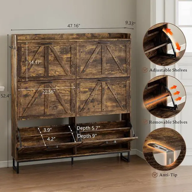 Alt view image 2 of 7 - Shoe Cabinet with 6 Flip Drawers Narrow Shoe Storage Cabinet Organizer Wooden Freestanding Shoe Rack Hidden Slim Shoes Storage Cabinet for Entryway, Hallway, Living Room, Bedroom