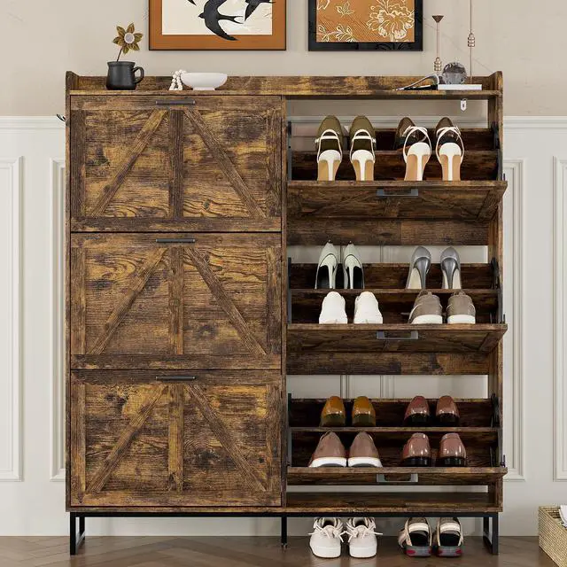Alt view image 5 of 7 - Shoe Cabinet with 6 Flip Drawers Narrow Shoe Storage Cabinet Organizer Wooden Freestanding Shoe Rack Hidden Slim Shoes Storage Cabinet for Entryway, Hallway, Living Room, Bedroom