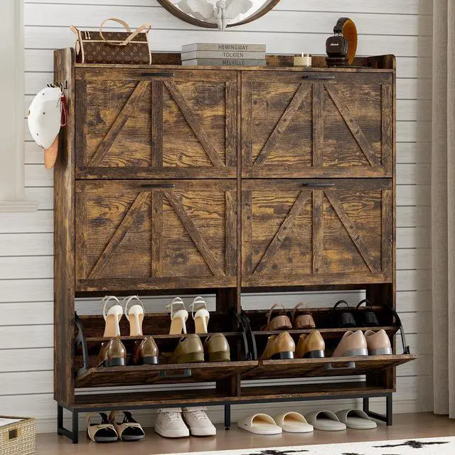Main image of Shoe Cabinet with 6 Flip Drawers Narrow Shoe Storage Cabinet Organizer Wooden Freestanding Shoe Rack Hidden Slim Shoes Storage Cabinet for Entryway, Hallway, Living Room, Bedroom