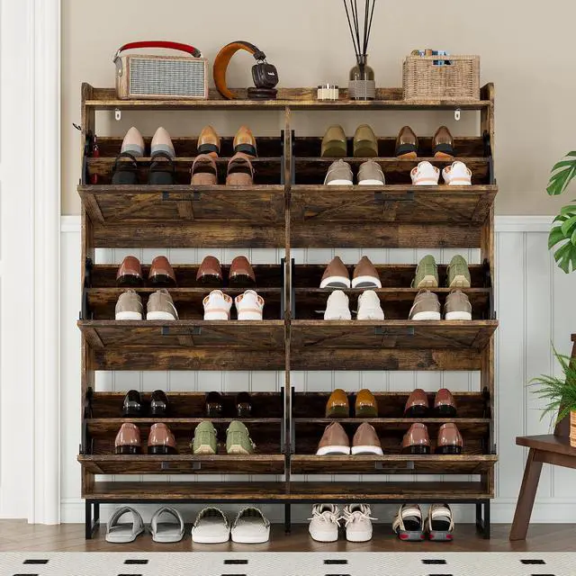 Alt view image 7 of 7 - Shoe Cabinet with 6 Flip Drawers Narrow Shoe Storage Cabinet Organizer Wooden Freestanding Shoe Rack Hidden Slim Shoes Storage Cabinet for Entryway, Hallway, Living Room, Bedroom