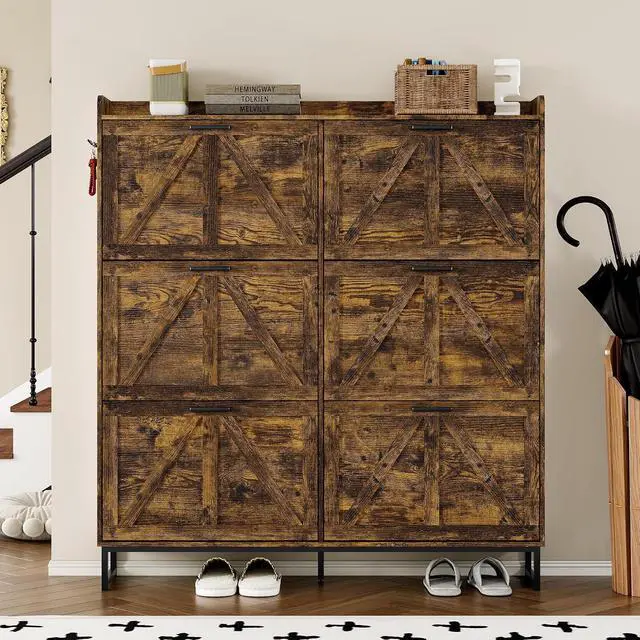 Alt view image 4 of 7 - Shoe Cabinet with 6 Flip Drawers Narrow Shoe Storage Cabinet Organizer Wooden Freestanding Shoe Rack Hidden Slim Shoes Storage Cabinet for Entryway, Hallway, Living Room, Bedroom