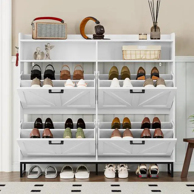 Alt view image 7 of 7 - Shoe Cabinet with 4 Flip Drawers Narrow Shoe Storage Cabinet Organizer Wooden Freestanding Shoe Rack Hidden Slim Shoes Storage Cabinet for Entryway, Hallway, Living Room, Bedroom