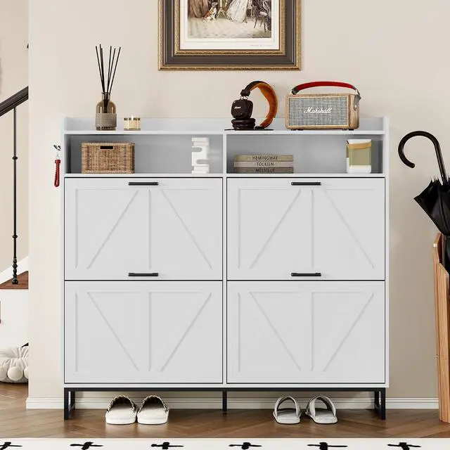 Alt view image 4 of 7 - Shoe Cabinet with 4 Flip Drawers Narrow Shoe Storage Cabinet Organizer Wooden Freestanding Shoe Rack Hidden Slim Shoes Storage Cabinet for Entryway, Hallway, Living Room, Bedroom