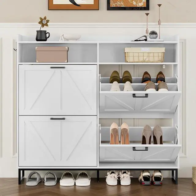 Alt view image 5 of 7 - Shoe Cabinet with 4 Flip Drawers Narrow Shoe Storage Cabinet Organizer Wooden Freestanding Shoe Rack Hidden Slim Shoes Storage Cabinet for Entryway, Hallway, Living Room, Bedroom