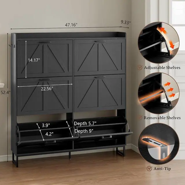 Alt view image 2 of 7 - Shoe Cabinet with 6 Flip Drawers Narrow Shoe Storage Cabinet Organizer Wooden Freestanding Shoe Rack Hidden Slim Shoes Storage Cabinet for Entryway, Hallway, Living Room, Bedroom