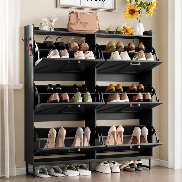 Alt view image 3 of 7 - Shoe Cabinet with 6 Flip Drawers Narrow Shoe Storage Cabinet Organizer Wooden Freestanding Shoe Rack Hidden Slim Shoes Storage Cabinet for Entryway, Hallway, Living Room, Bedroom